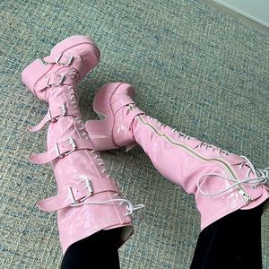 Dolls kill Baby Pink Camel-305 Thigh High Boots Barbie Halloween shoes